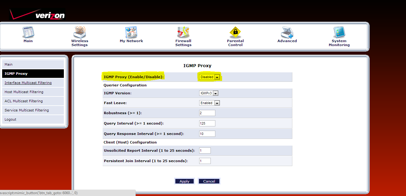 How to disable IGMP Proxy in the VERIZON ACTIONTEC MI424WR router